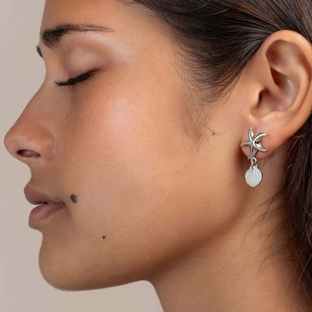 BOUCLES D OREILLES MINI ETOILE DE MER ET MINI NACRE SHELL - ACIER