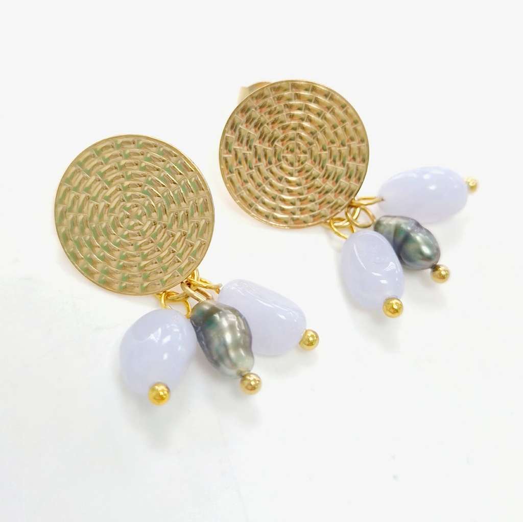 Boucles d'oreilles acier doré estampe + pierres lavandes + keishis