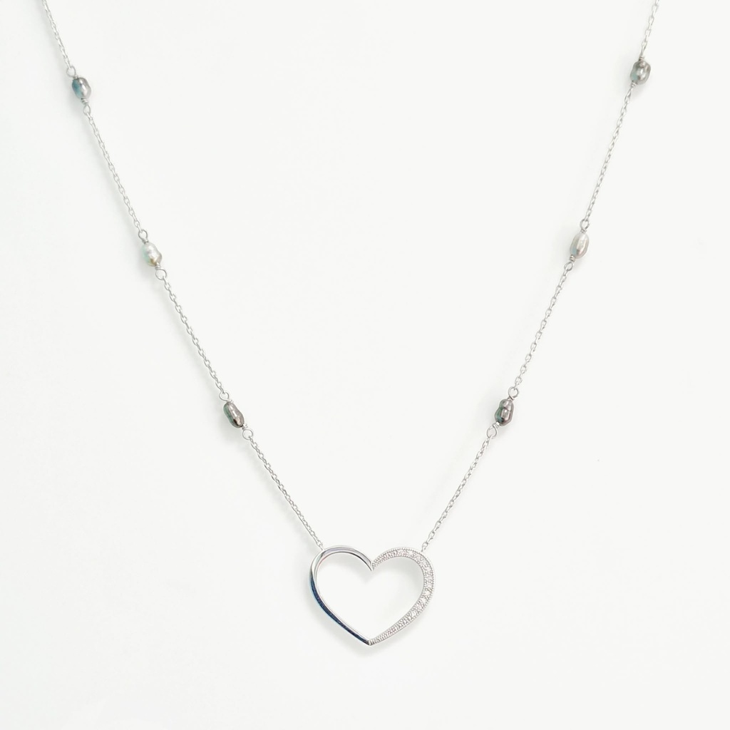 COLLIER ARGENT COEUR ZIRCONS ET 6 KEISHIS