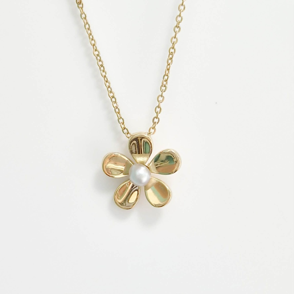 COLLIER PLAQUE OR FLEUR 5 PETALES ET 1 KEISHI