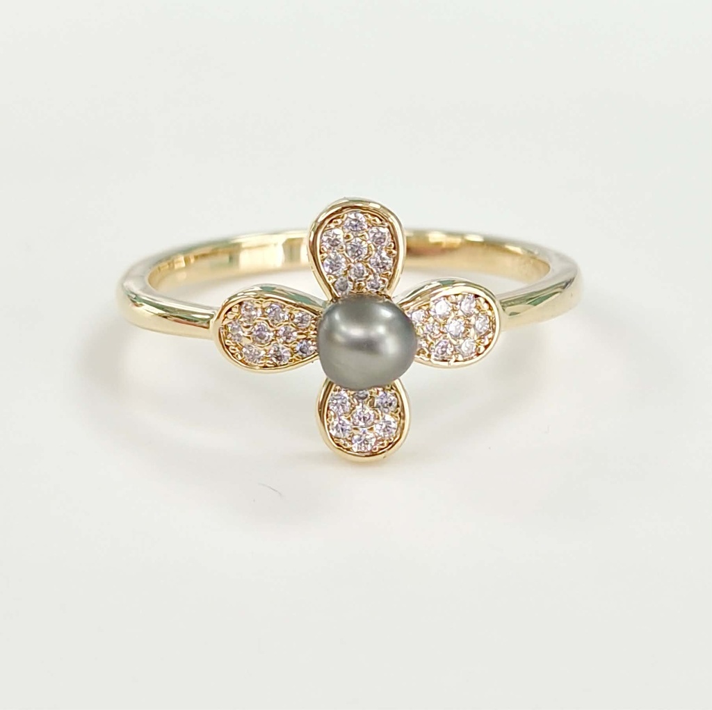 BAGUE PLAQUE OR FLEUR 4 PETALES ZIRCONS ET KEISHI
