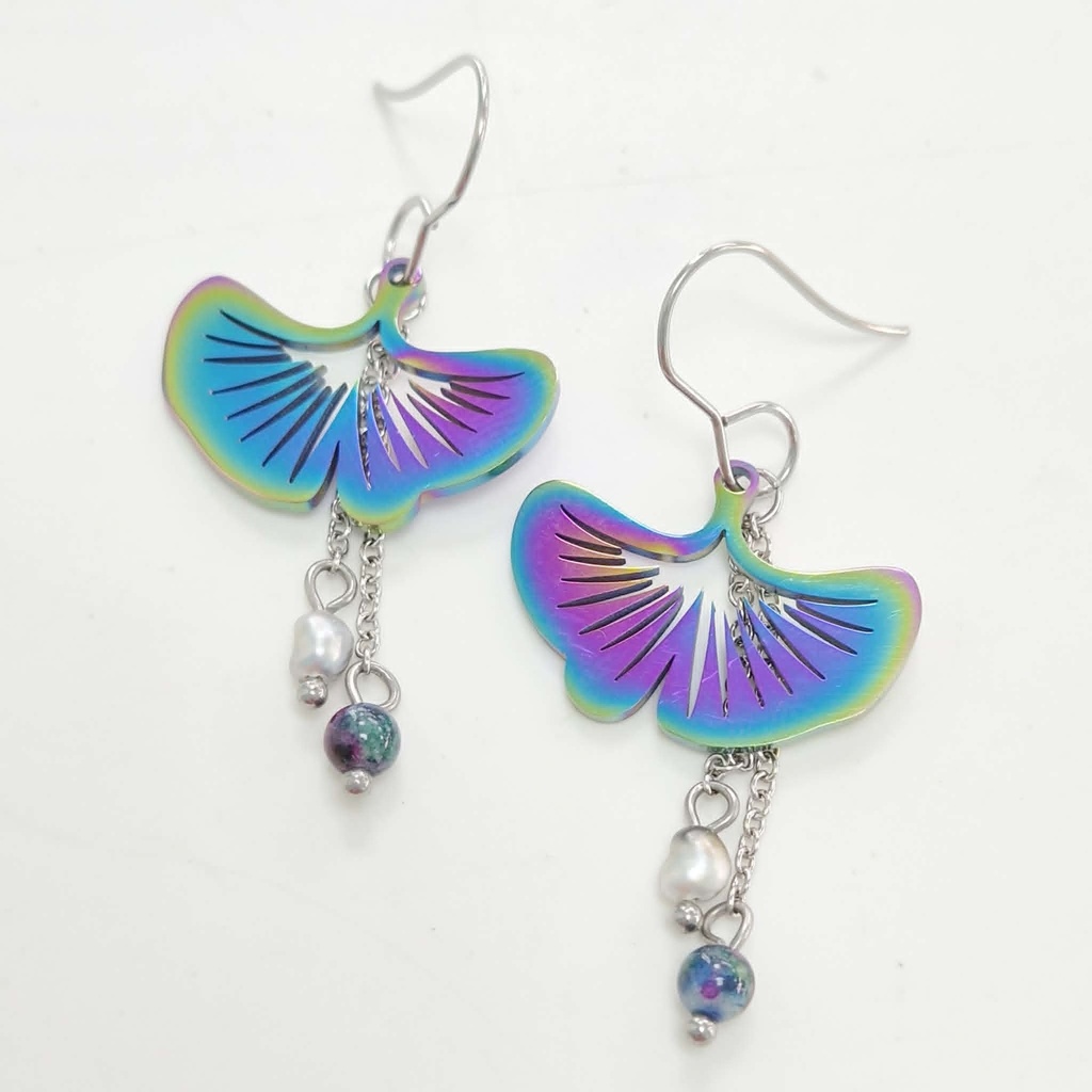 Boucles d'oreilles Ginko chromé et keishis - acier inox
