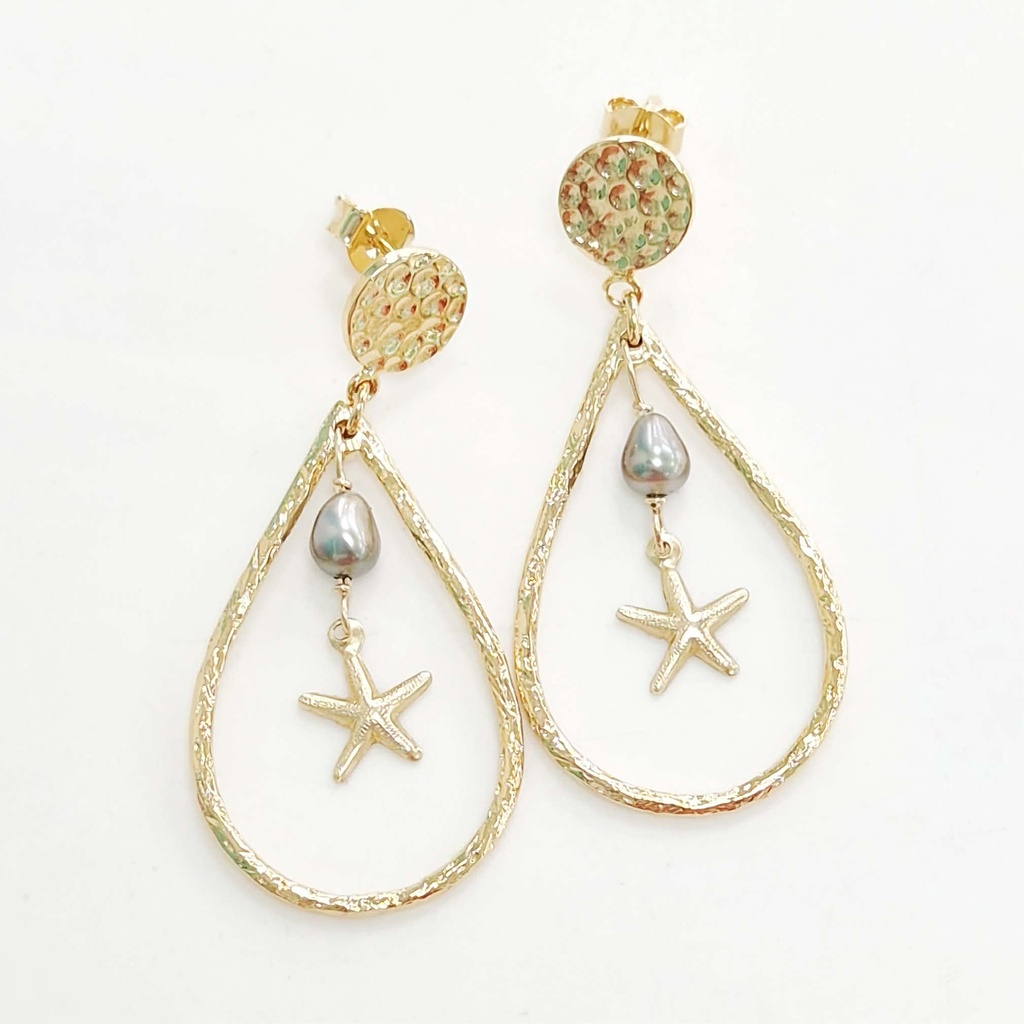 BOUCLES D OREILLES GOUTTES KEISHIS ET ETOILE DE MER - PLAQUE OR