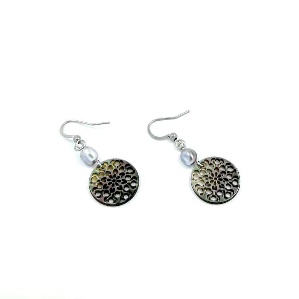 Boucles d'oreilles acier nacre rosace mini et Keishi