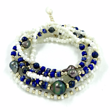 Sautoir/Bracelet plaqué or nacre, keishis et perle &amp; Lapis