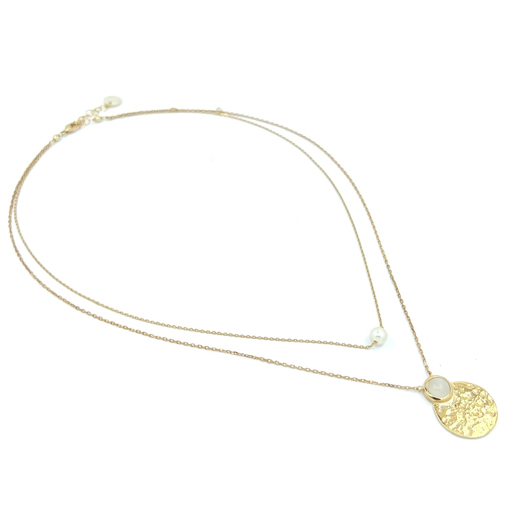 Collier plaqué or double keishi et estampe pierre de lune