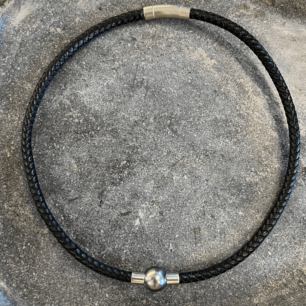 COLLIER cuir tressé et perle tahiti homme