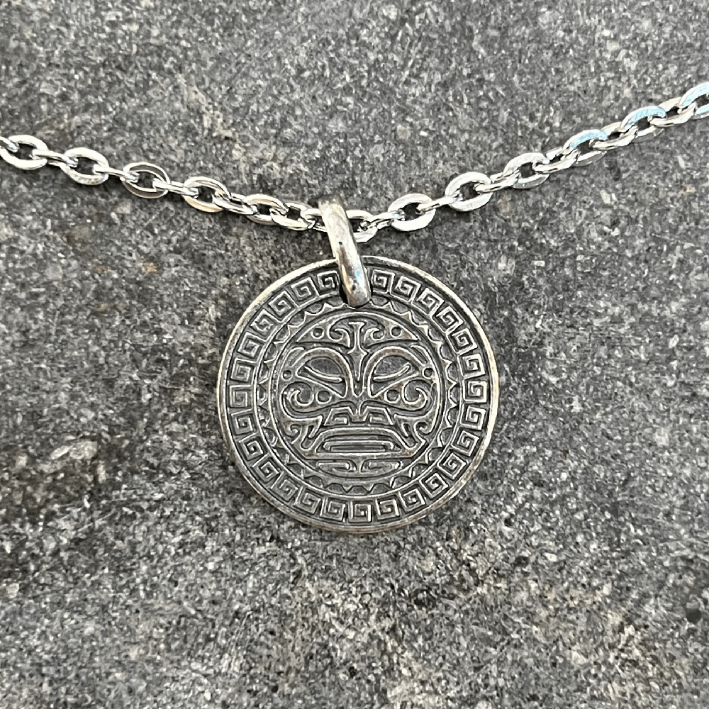 Collier homme acier pendentif argent face tiki