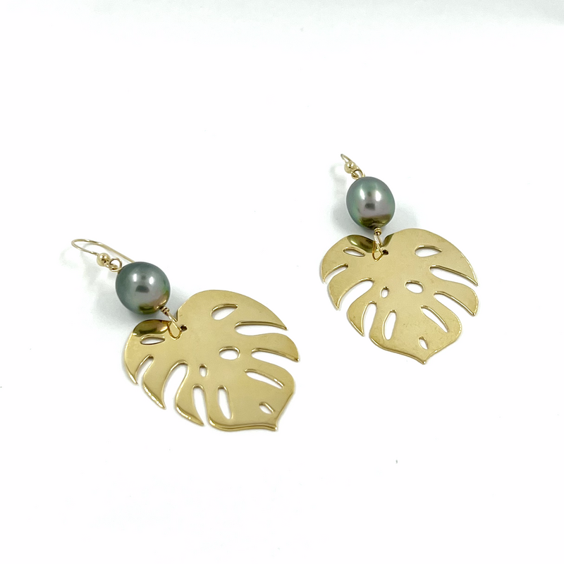 Boucles d'oreilles Monstera &amp; Perle - plaqué or