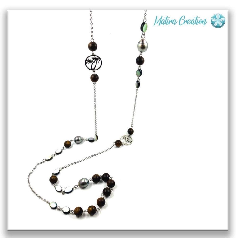 Sautoir cocotier Perles nacres et bois - ACIER INOX