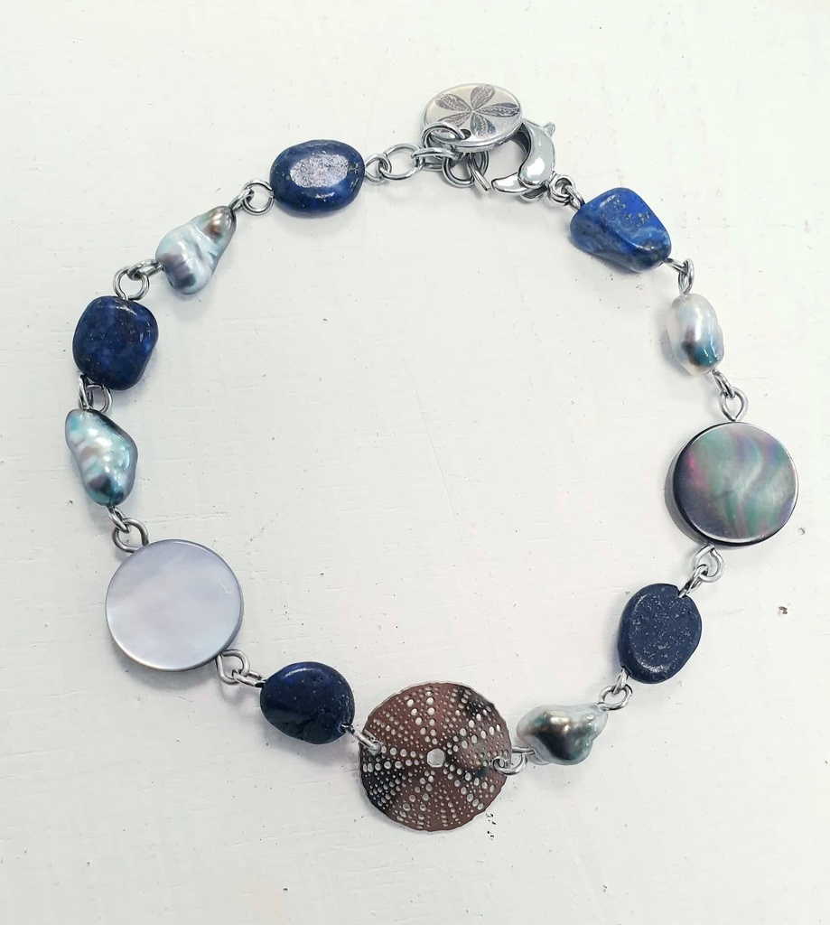 Bracelet en acier inoxydable, pierre lapis lazuli, oursin, et Keishi