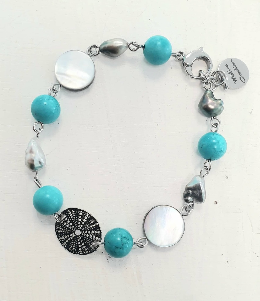 Bracelet acier inoxydable, pierres turquoises, oursin et Keishi