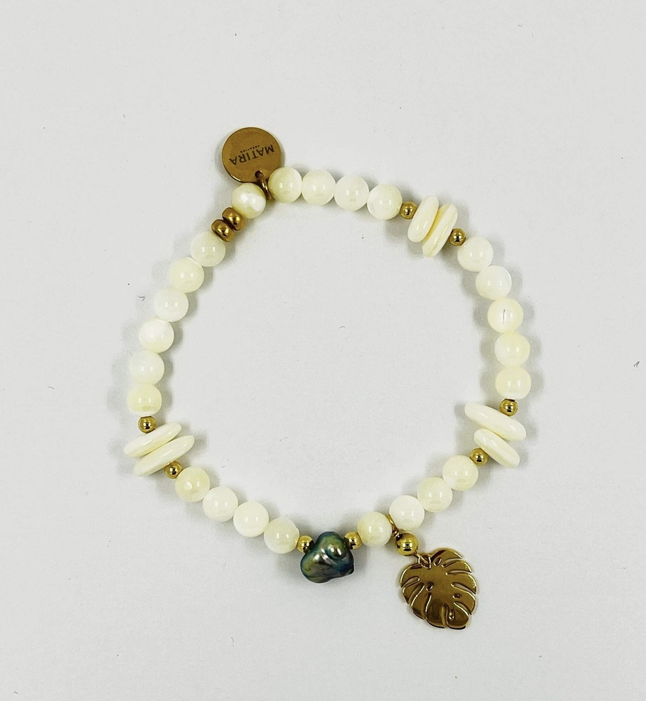 Bracelet élastique plaqué or keishi, feuille de Ape, nacre