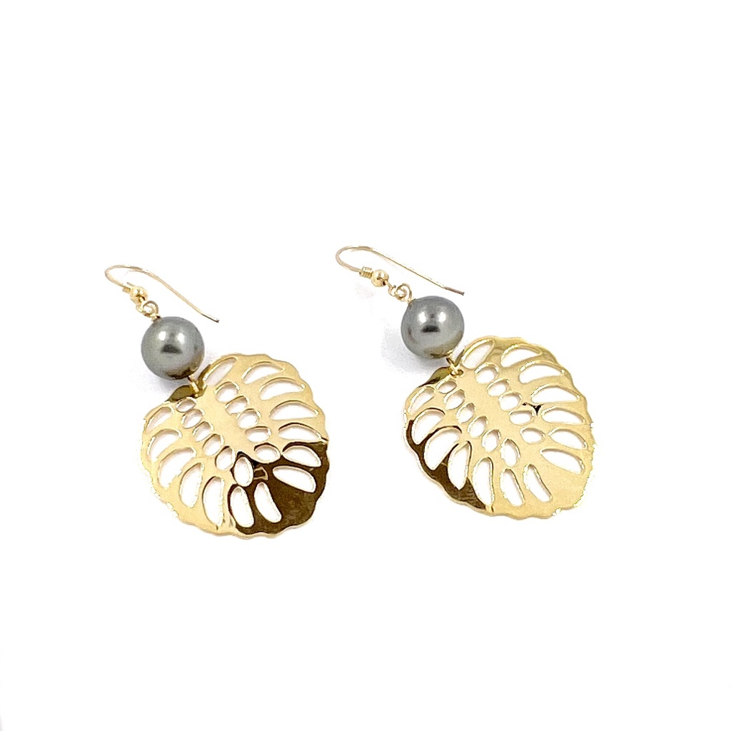 Boucles d'oreilles grande feuille Ape et perles de Tahiti