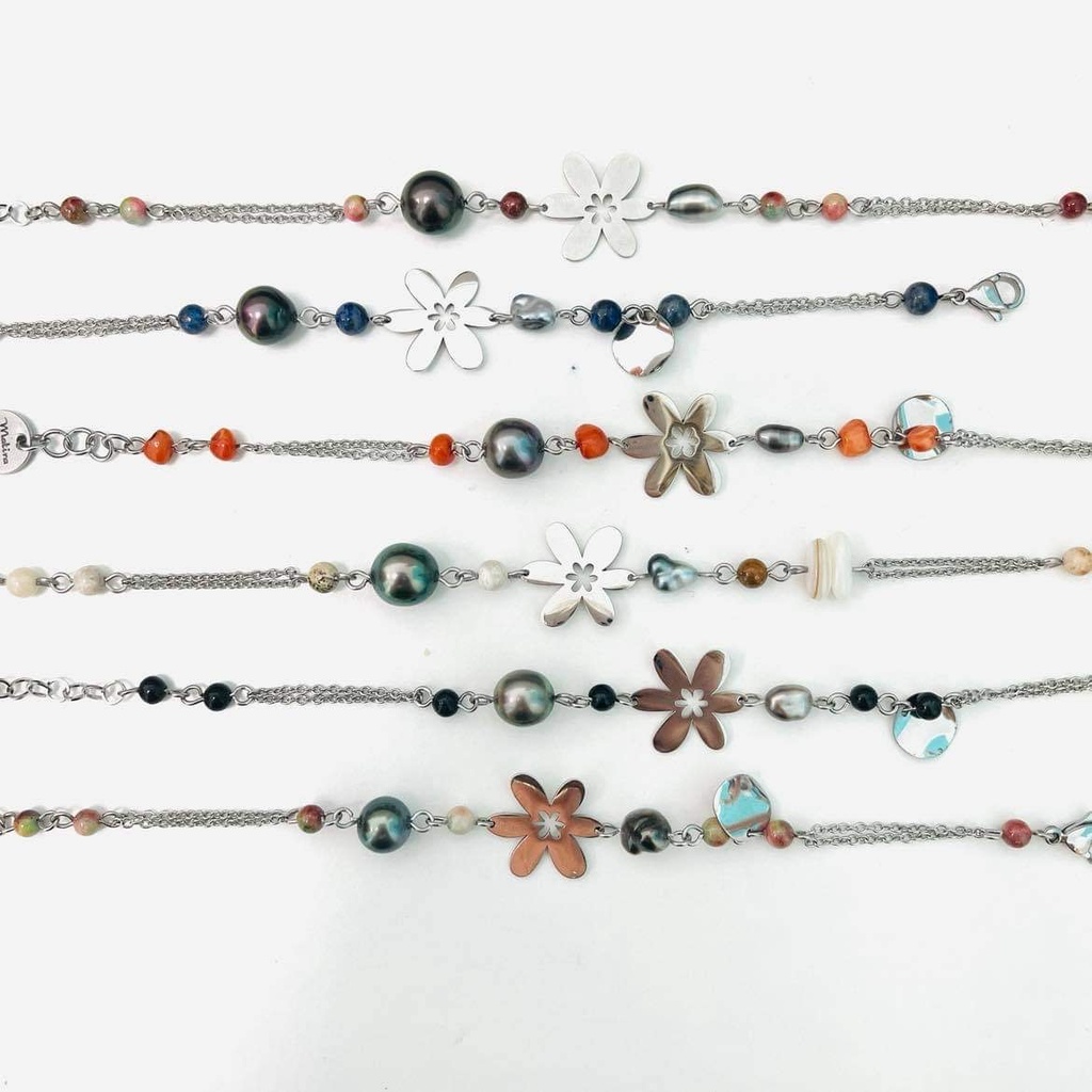 Bracelet Tiare, pierres + Perle de Tahiti, keishi
