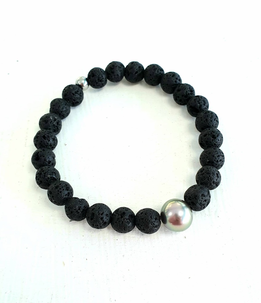 Bracelet Elast. Homme pierres de lave &amp; perle