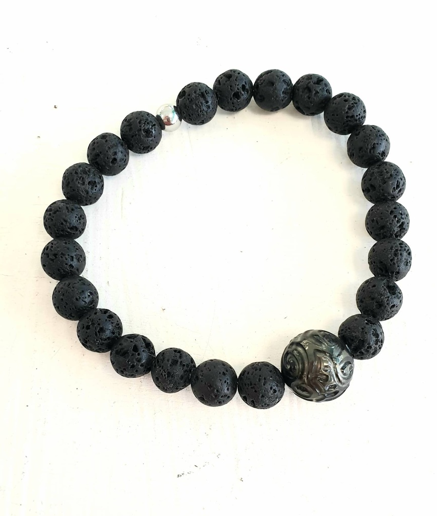 Bracelet elast. Homme perle gravée pierres de lave