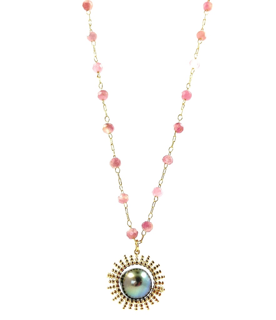 Collier plaqué or perle de Tahiti et Tourmaline rose