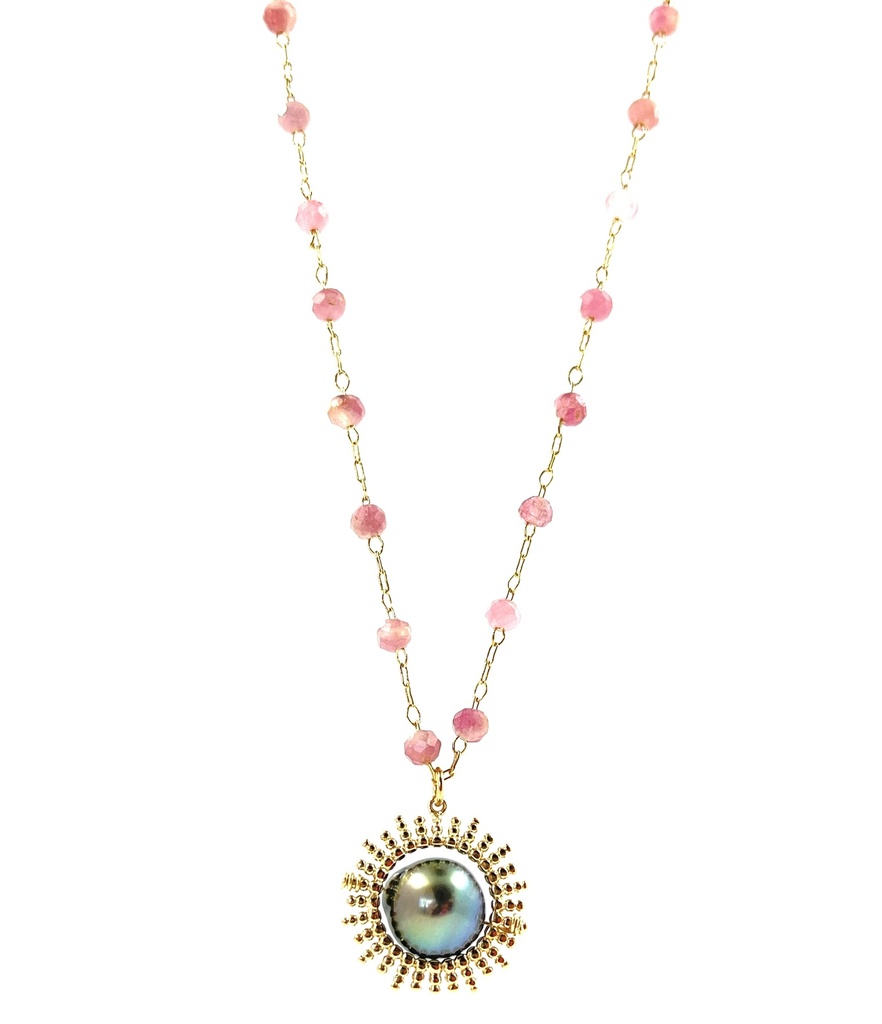 Collier plaqué or perle de Tahiti et Tourmaline rose