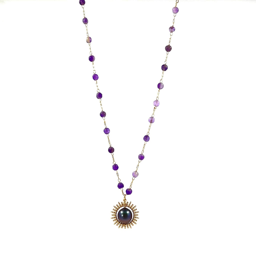 Collier plaqué or perle de Tahiti et améthyste