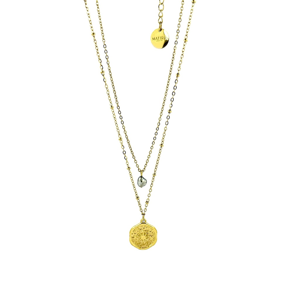 Collier acier doré 2 rangs plaque étoile et keishi