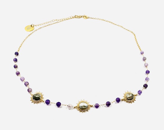 Collier Sun plaqué or pierre améthyste violette et keishis