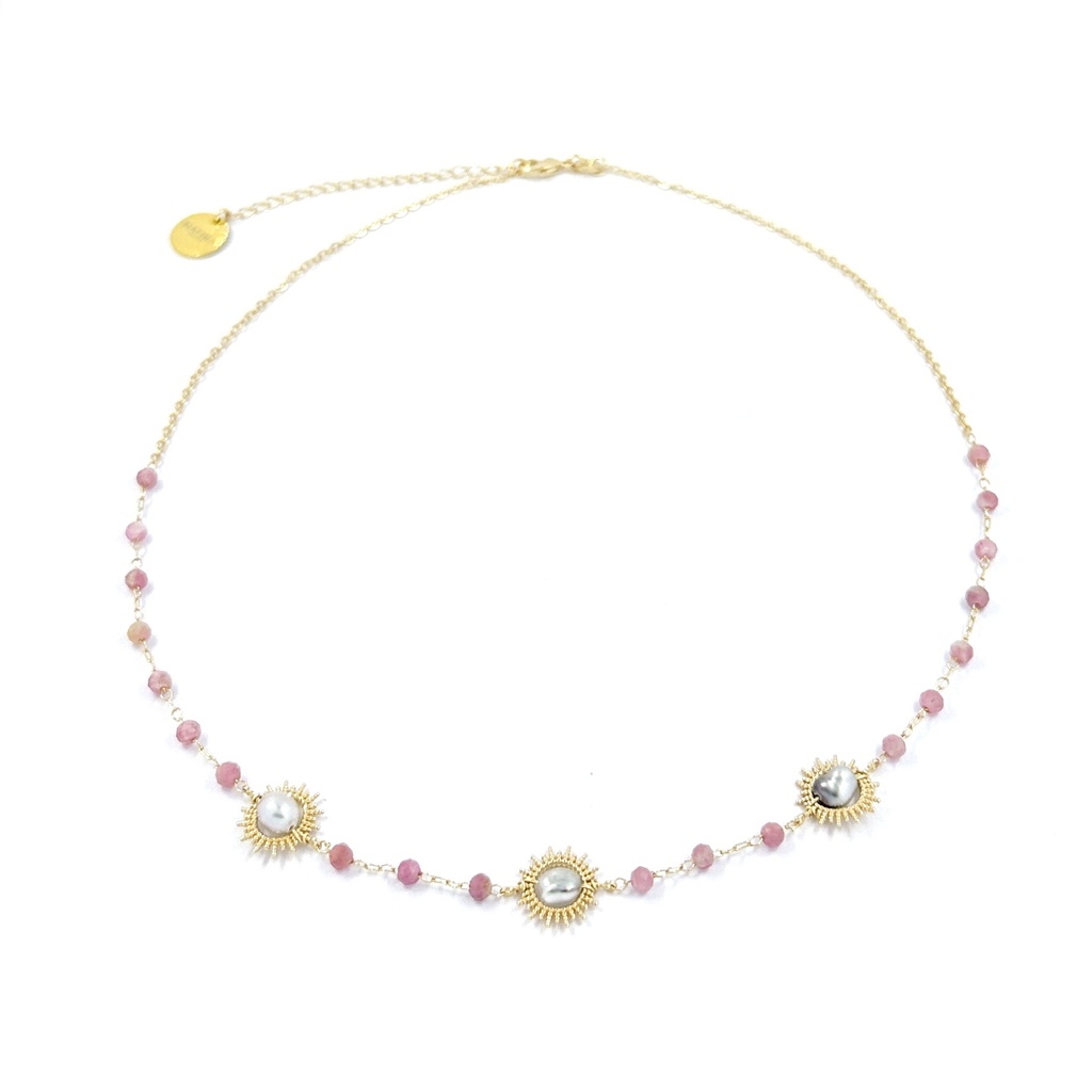 Collier Sun plaqué or pierre tourmaline et keishis