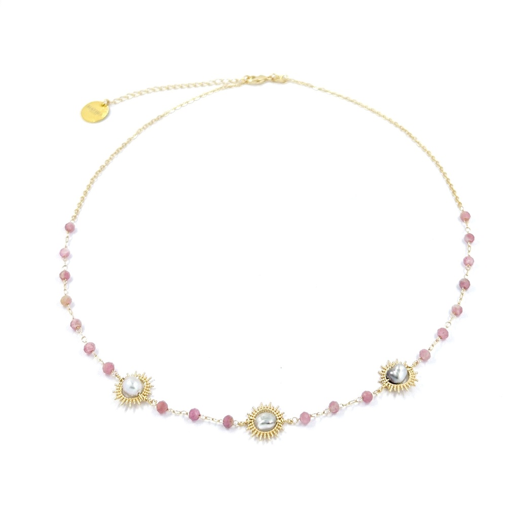 Collier Sun plaqué or pierre tourmaline rose et keishis