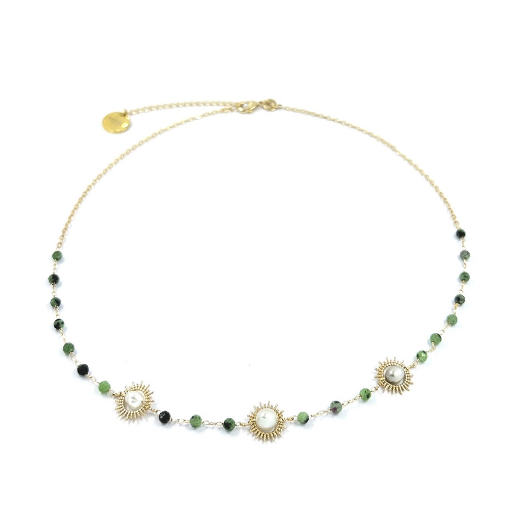 Collier Sun plaqué or pierre rubis zoisite vert et keishis