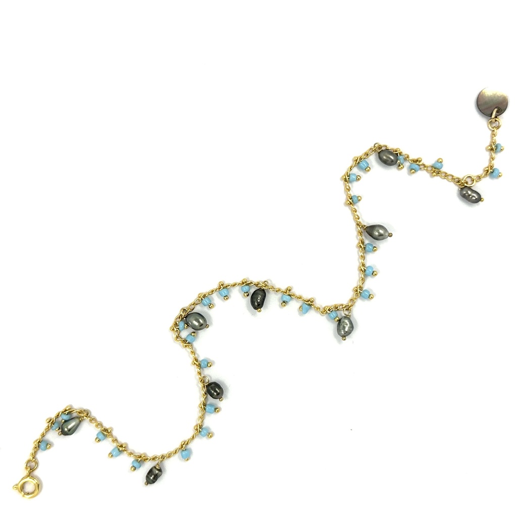 Chaîne cheville plaqué or perles turquoise et keishis
