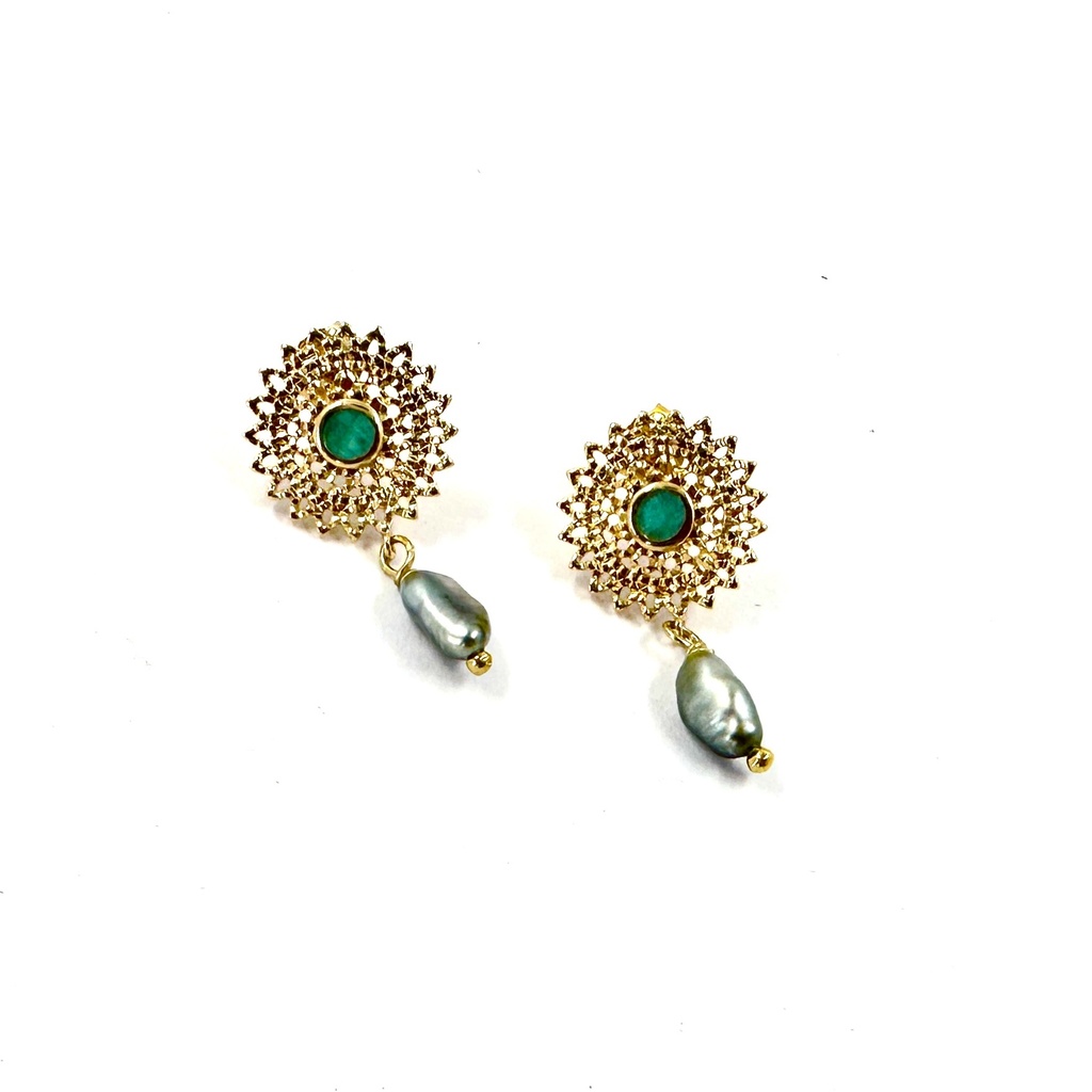 Boucles d’oreilles en plaqué or estampe soleil, pierre amazonite Keishi