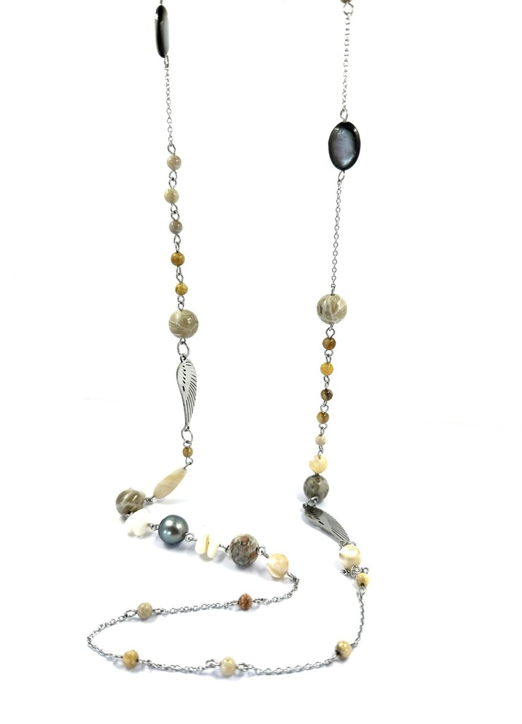 Sautoir en acier, Perles de Tahiti, nacre et perles en corail fossilisé