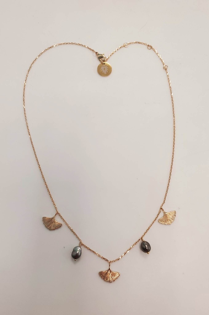 Collier plaqué or 3 feuilles ginko +2 keishis