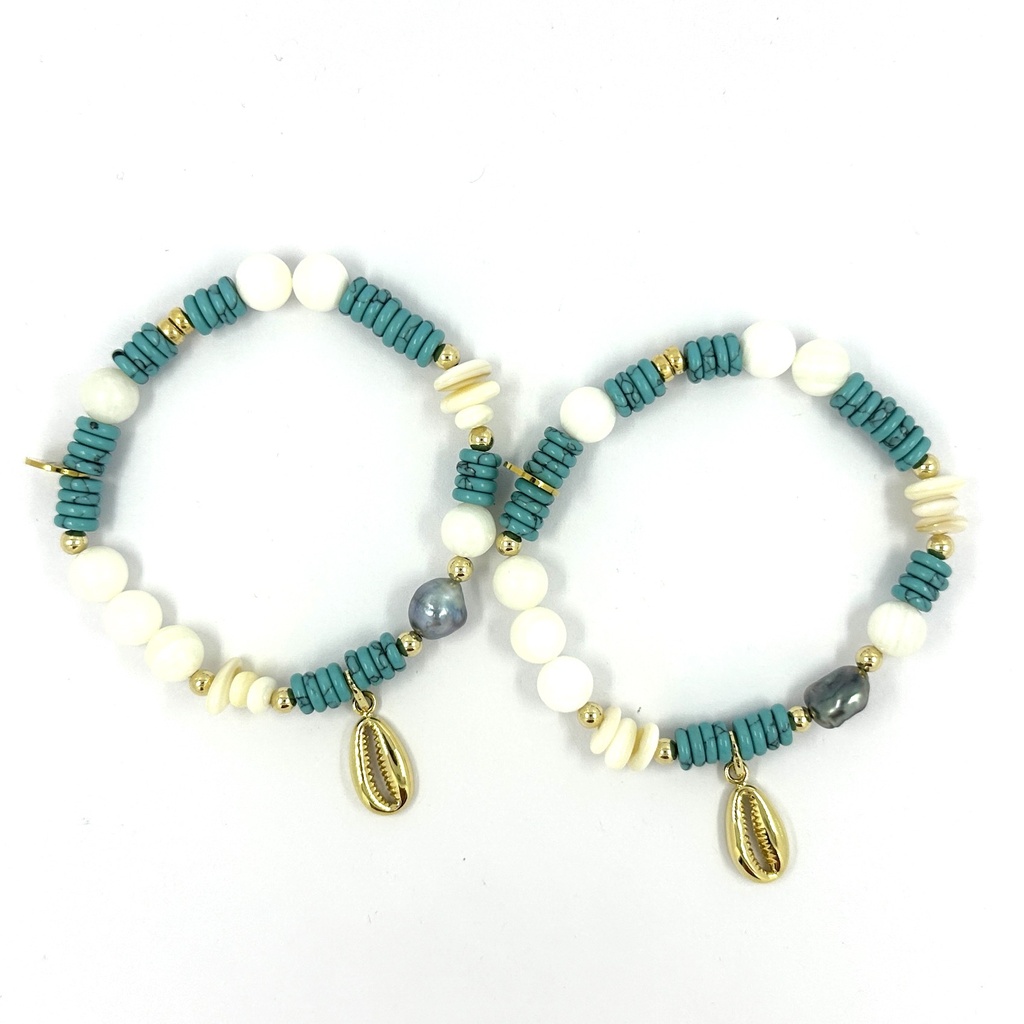 Bracelet élastique plaqué or, Keishi, nacre et turquoise