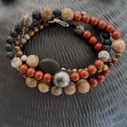 [MBR3NRB] Bracelet homme 3 tours noir/rouge/beige et perle de Tahiti
