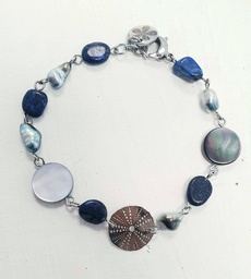[ACBR8L] Bracelet en acier inoxydable, pierre lapis lazuli, oursin, et Keishi