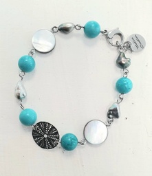 [ACBR8T] Bracelet acier inoxydable, pierres turquoises, oursin et Keishi