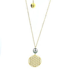 [ACDCOP] Collier acier doré estampe Fleur de vie et perle de Tahiti