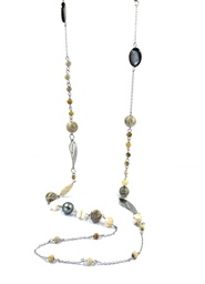 [ACST21] Sautoir en acier, Perles de Tahiti, nacre et perles en corail fossilisé