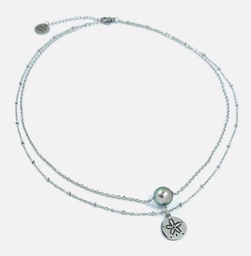 [DOLLACP] COLLIER DOUBLE CHAINE  acier DOLLAR + PERLE