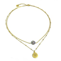 [DOLLACDP] COLLIER DOUBLE CHAINE  acier doré dollar + perle