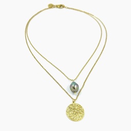 [CO2D] Collier double acier doré avec perle de Tahiti et rond martelé