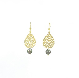 [BODG] Boucles d'oreilles acier doré goutte ciselée et perle de Tahiti