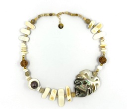 [APCON] Collier plaqué or Ape en nacre, pierres semi précieuses, perle de Tahiti, bois de coco et nacre