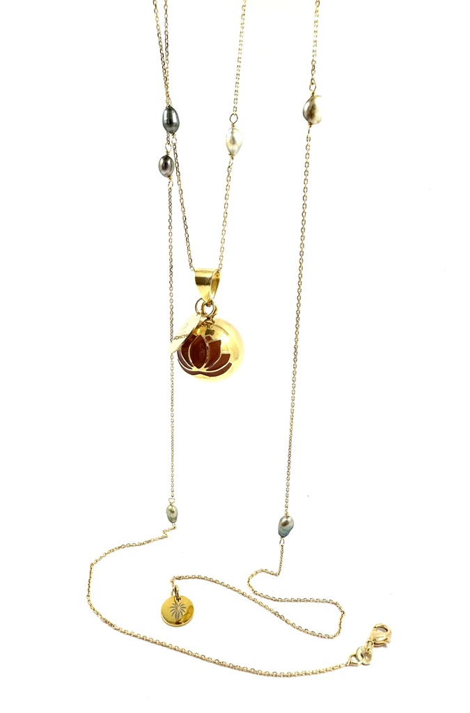 Pendentif long plaqué or Bola et keishis médaille gravée