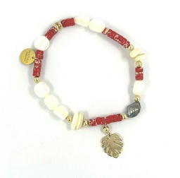 [CHPLBRR] Bracelet élastique Ape plaqué or Keishi corail rouge et nacre