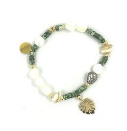 [CHPLBRV] Bracelet élastique Ape plaqué or Keishi perles en agate verte et nacre