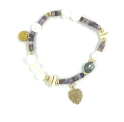 [CHPLBRA] Bracelet élastique Ape plaqué or Keishi, améthyste violet et nacre