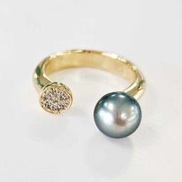 BAGUE EPAISSE EN PLAQUE OR STRASS + PERLE de Tahiti