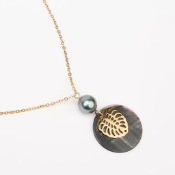 [ACDNFP] Pendentif acier doré Nacre, feuille Ape et perle de Tahiti